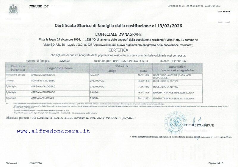 Certificato storico di famiglia